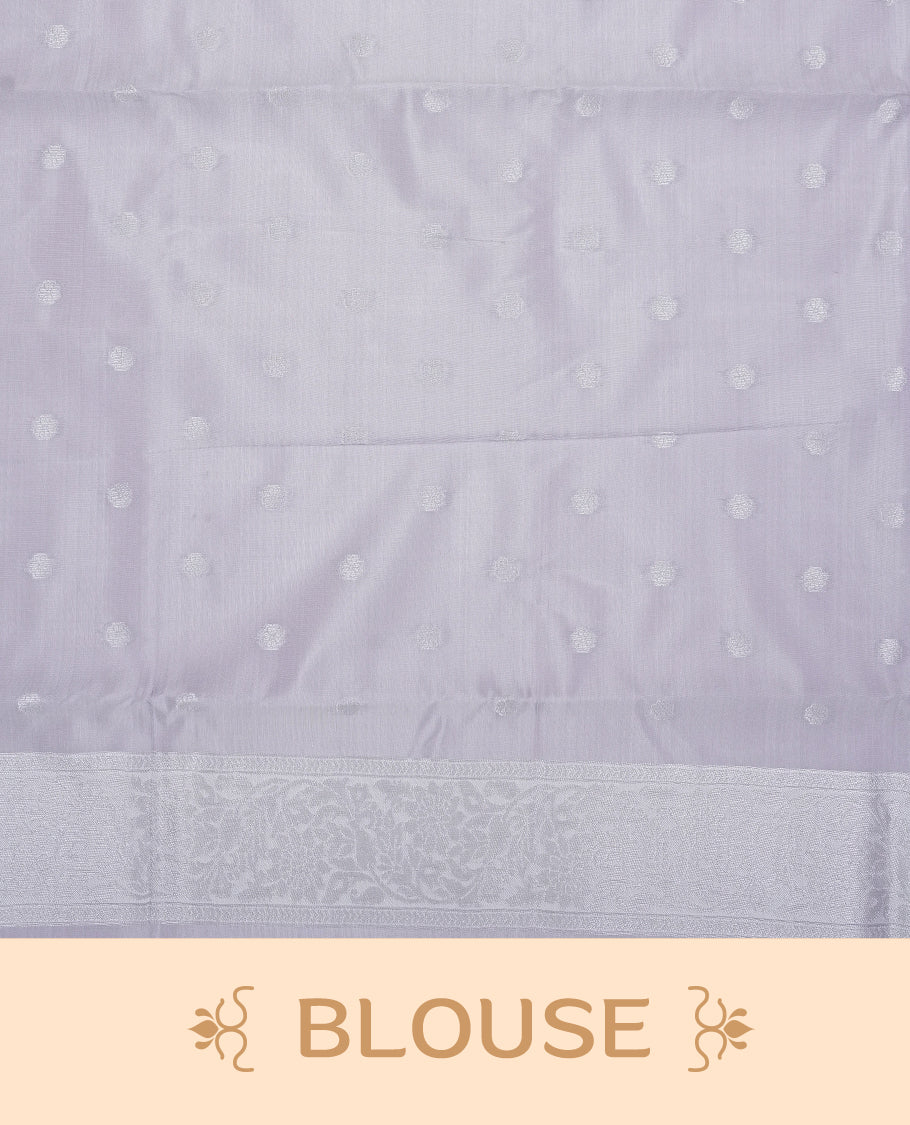 Pink & lavender colour semi silk saree featuring Silver zari Small check pattern & motifs on body, complemented by contrast lavender colour with silver zari border, comes with matching blouse piece.