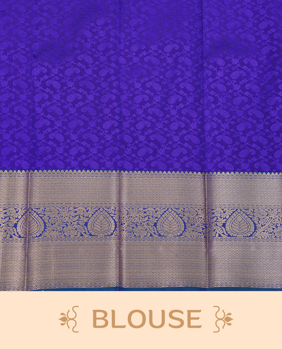 Indigo colour Semi silk saree Featuring selfcolour zari pattern on body, complemented by contrast Teal colour with gold zari border, paired with matching blouse piece.