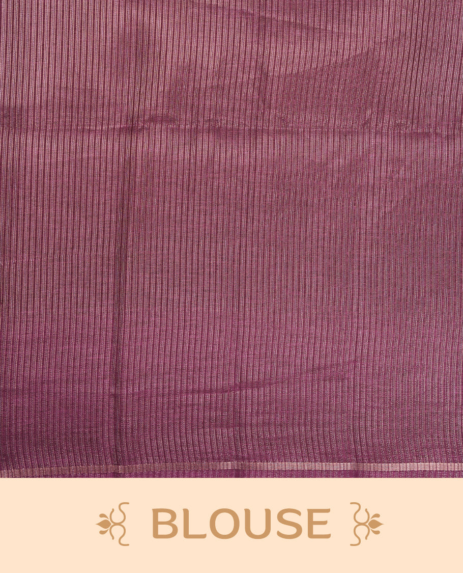 Purple colour semi tussar silk saree highlights gold and silver zari stripes across body, border, pallu and paired with matching blouse piece.
