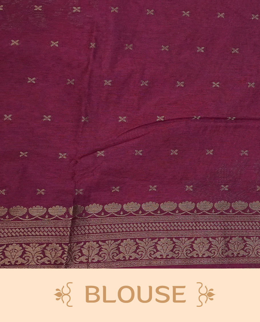 Brick red colour semi linen saree with elegant gold zari floral motifs across the body, complemented by a contrast colour with grand gold zari pallu and a borderless design, paired with a matching blouse piece.