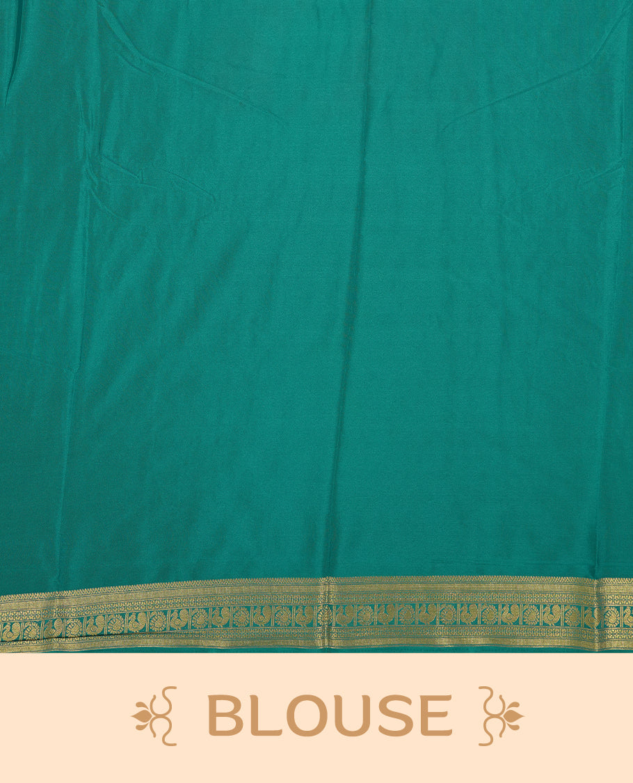 Yellow colour mysore crepe saree with gold zari check pattern on body, complemented by contrast Green colour border featuring peacock and chakkram motifs, paired with matching blouse.