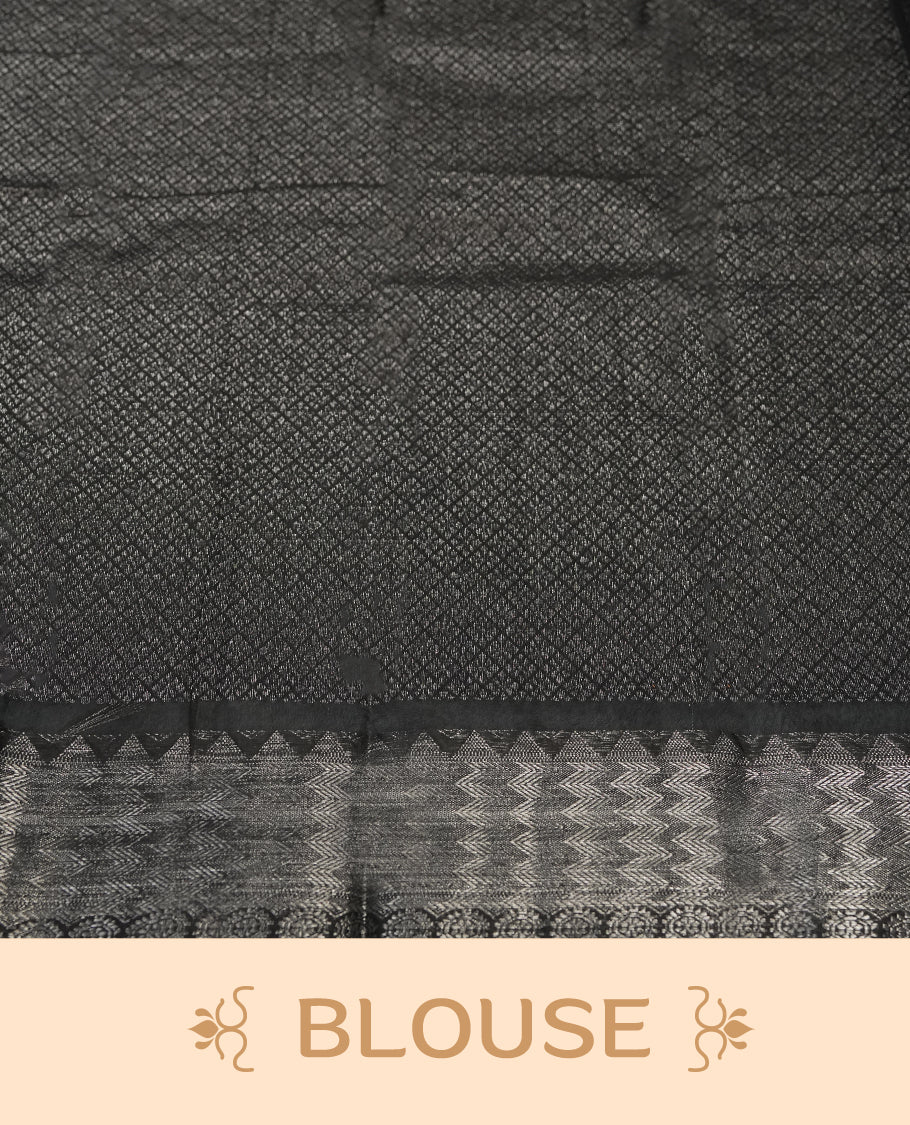 Black colour silk cotton saree adorned with a shimmering silver zari border and intricate woven designs, blending elegance with tradition, Paired with a matching blouse, its perfect for festive and special occasions.