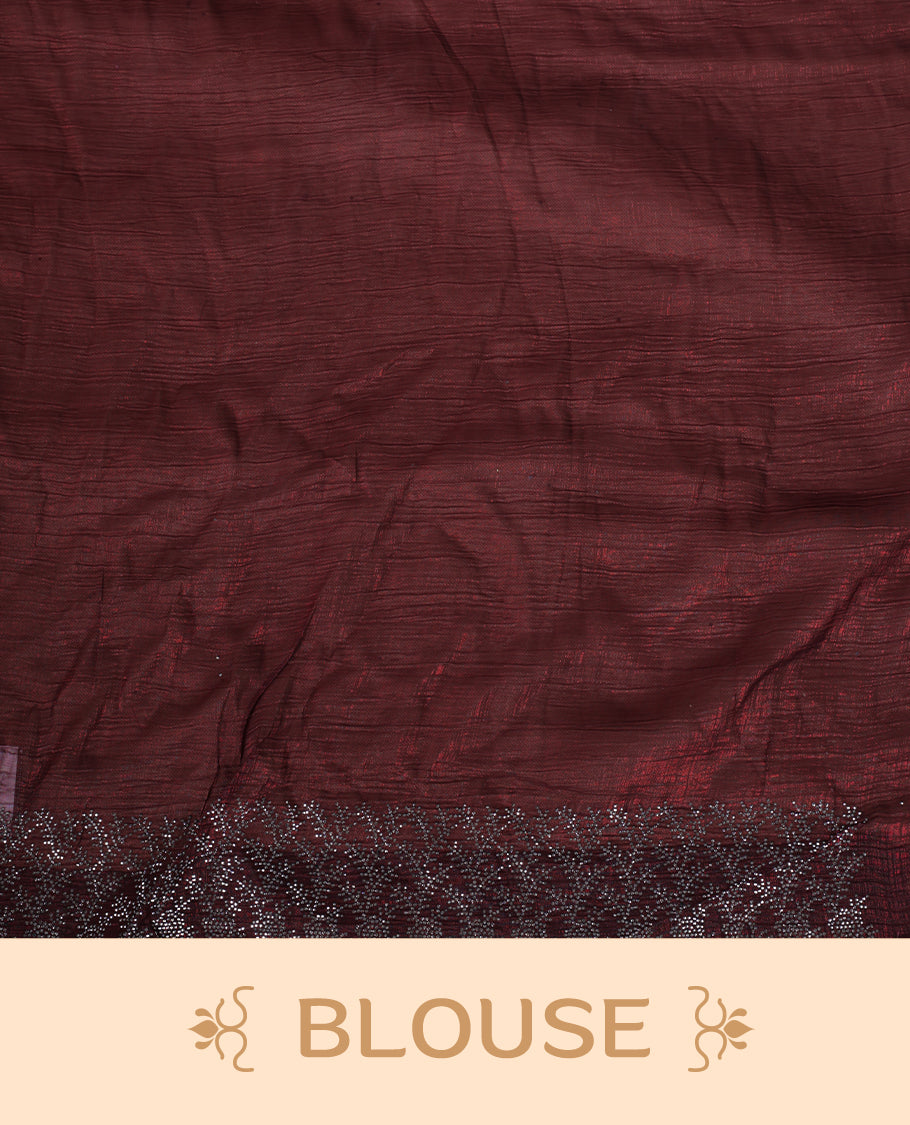 Chocolate brown colour chiffon designer saree, featuring white stone all over on body, heavy stone patttern on border and pallu, Paired with matching blouse.