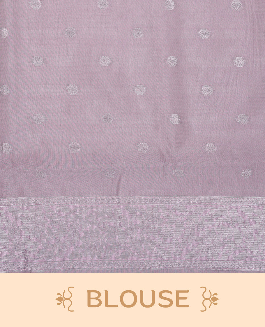 Purple & Pink colour semi silk saree featuring Silver zari Small check pattern & motifs on body, complemented by contrast Pink colour with silver zari border, comes with matching blouse piece.