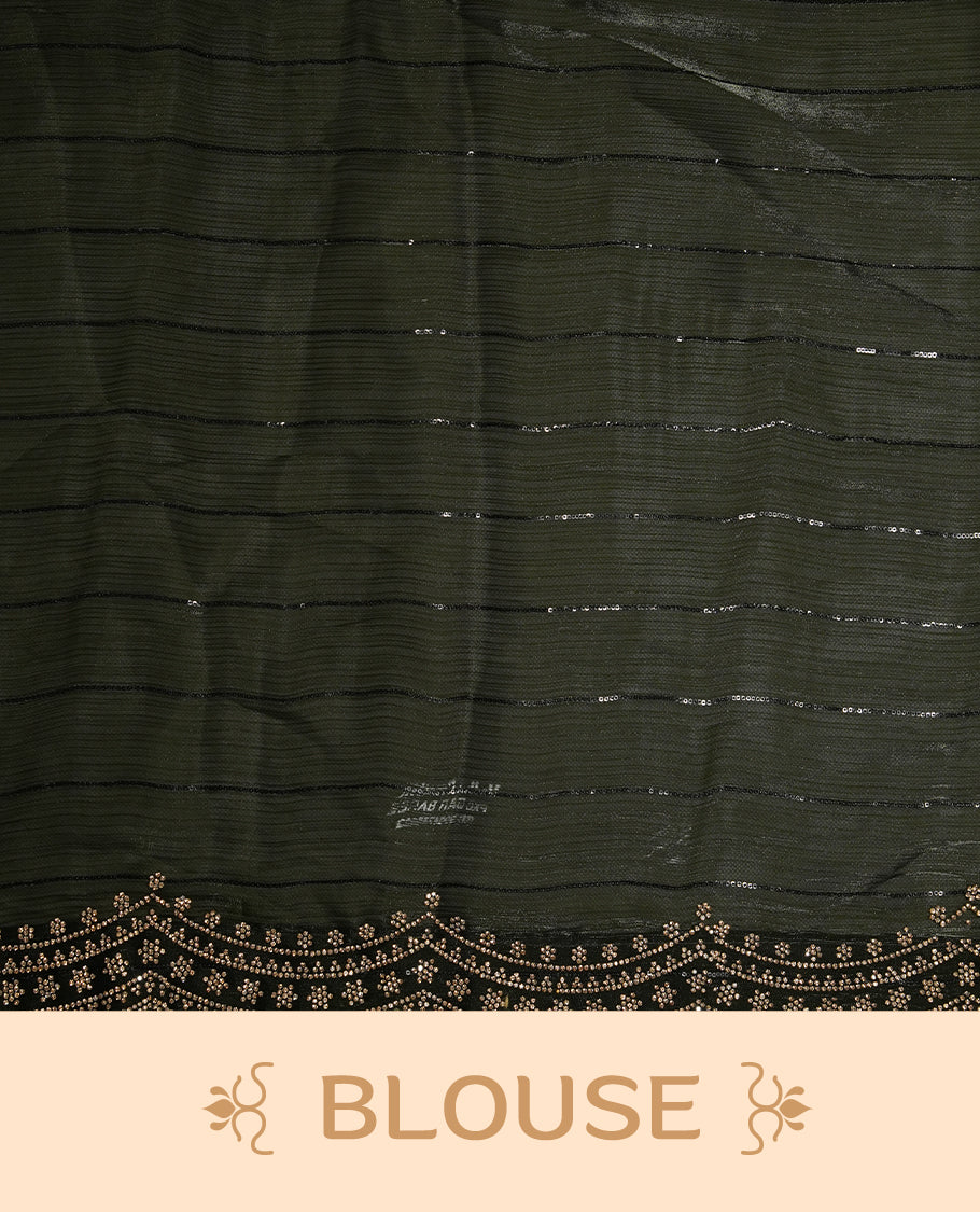 Dark olive green colour chiffon designer saree, featuring self colour beats stripes on body, heavy gold stone patttern on border and pallu, Paired with matching blouse.