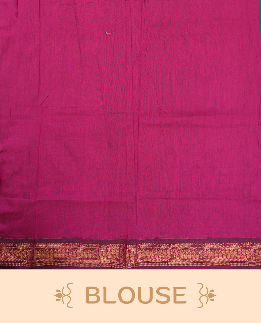 Deep Green colour Kalyani Cotton saree with golden motifs, paired with a contrasting magenta border featuring intricate zari work & Comes with a matching blouse piece.