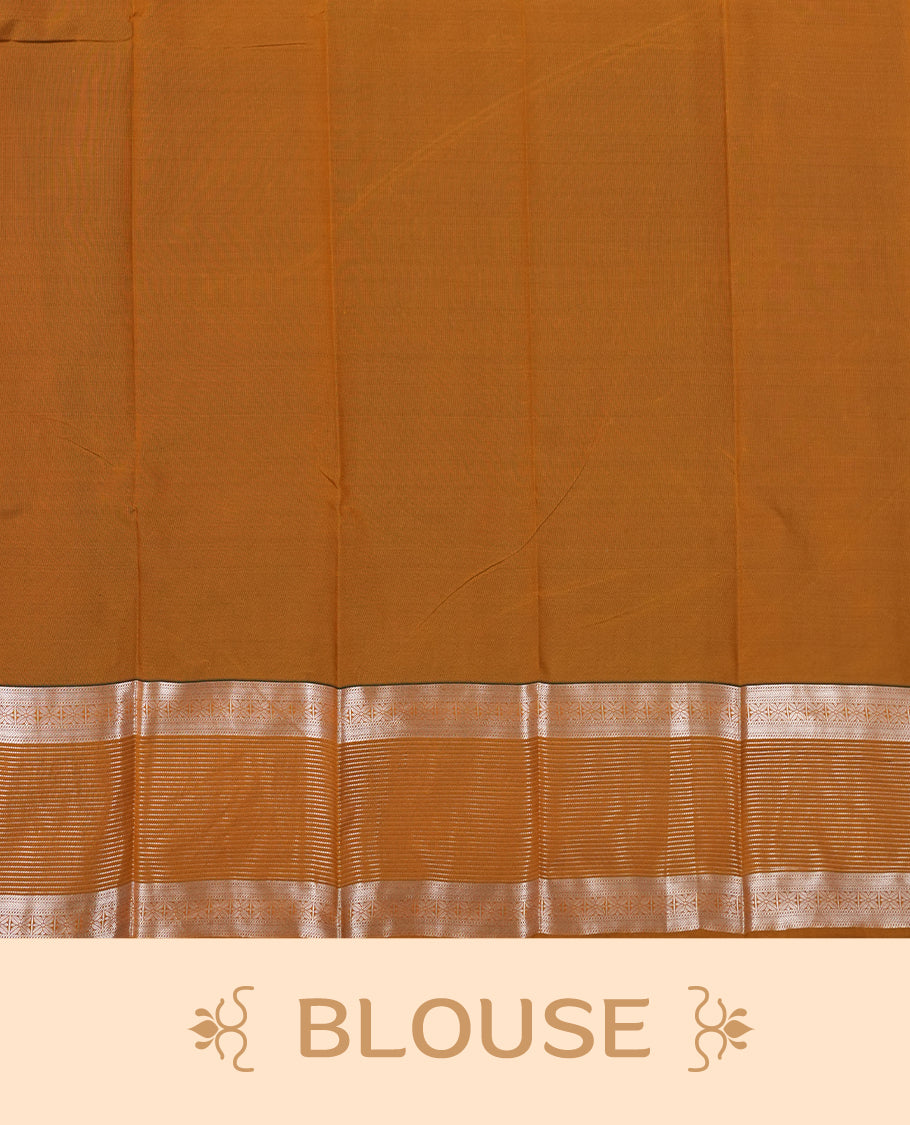 Saffron Orange Colour Semi Silk Saree with Golden Striped Body, Copper Zari Allover Heart Motif Pallu & Border, Textured Finish, and Matching Blouse Piece