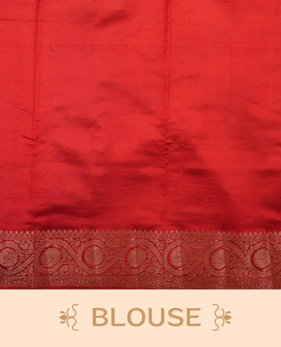 Mustard Colour Pure Banaras soft Silk Saree having gold floral motifs on Body with contrast Dark red colour gold Floral kodi pattern on Border and matching Blouse
