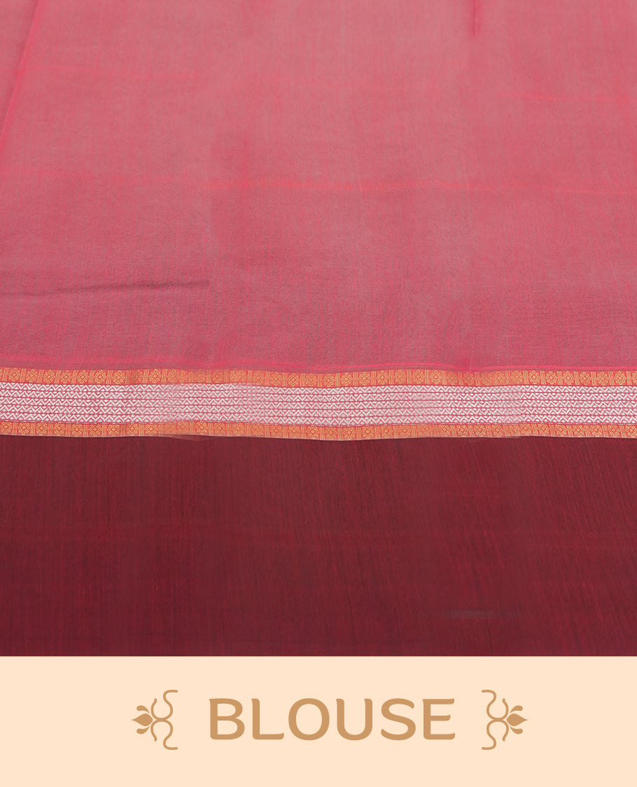 Purple colour tissue cotton saree featuring elegant silver & copper zari motifs, a delicate zari border, and a beautifully woven pallu & Paired with a matching blouse, perfect for festive and traditional occasions.