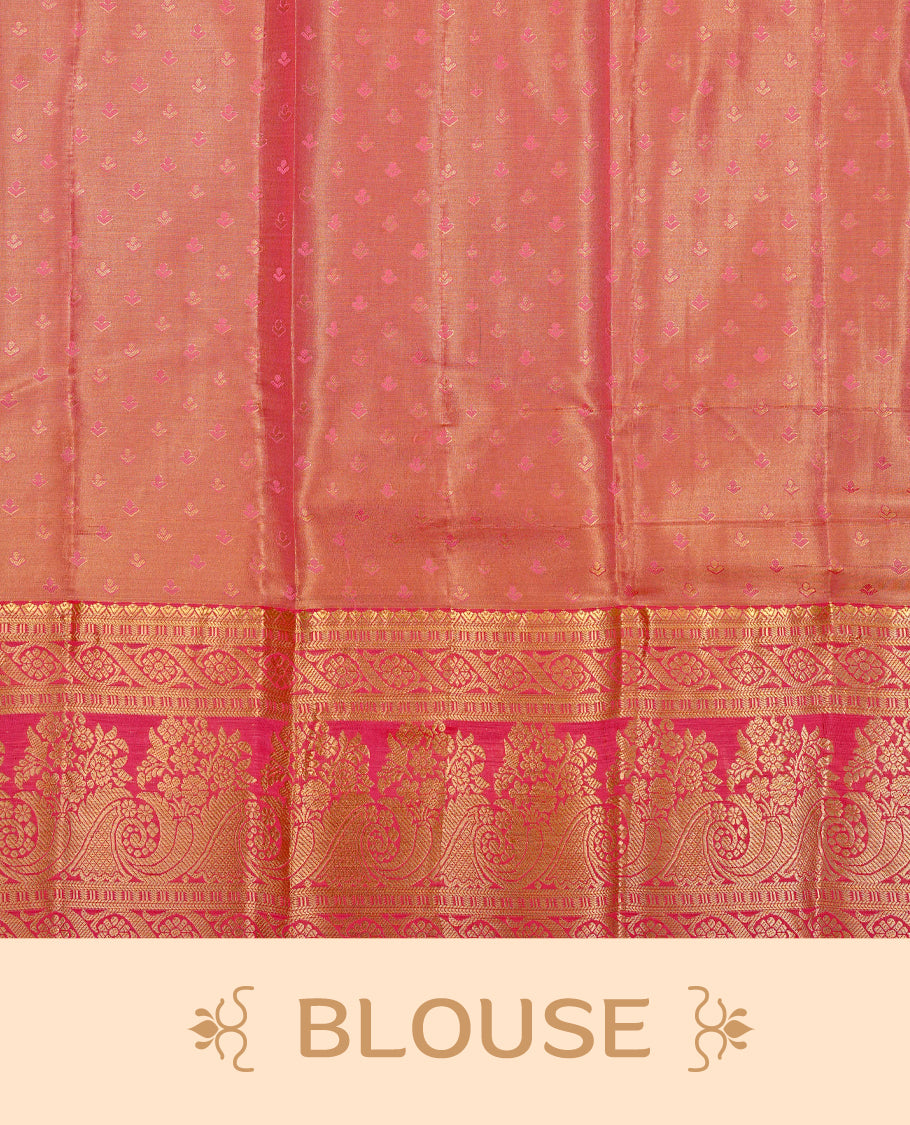 Mauve colour Semi tissue silk saree featuring Gold zari kodi floral motifs on body, Contrast Red colour with traditional border, paired with matching blouse piece.