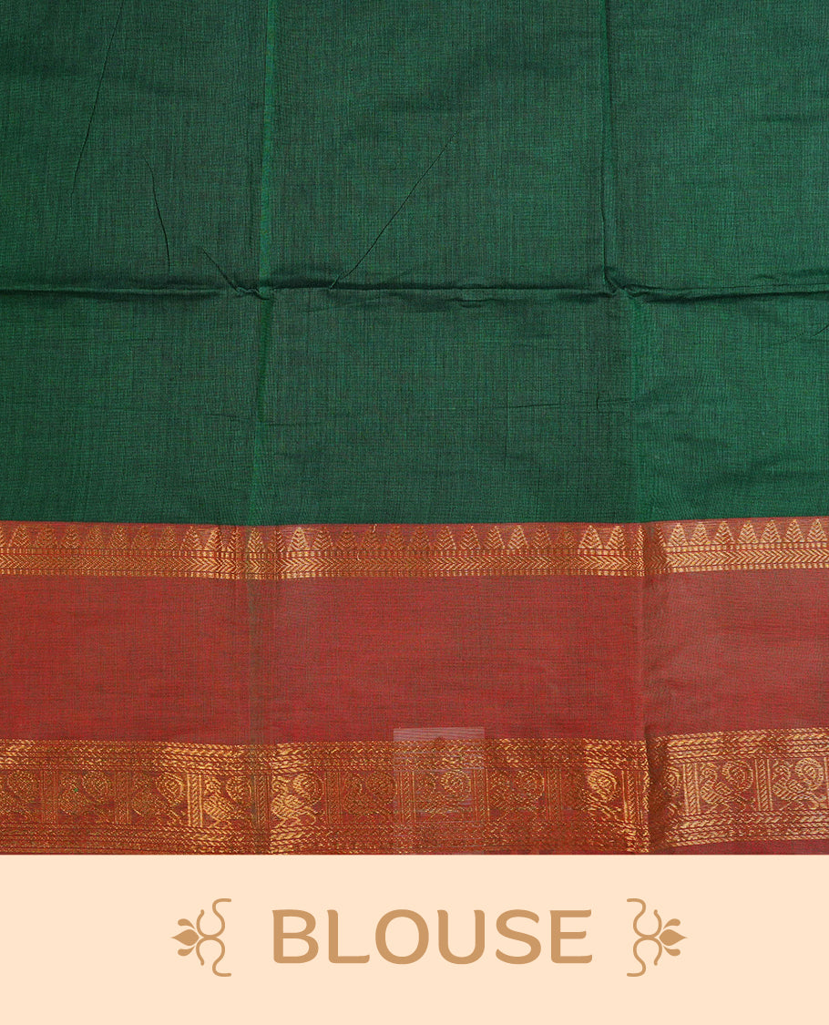 Green colour Chettinad cotton saree featuring Elegant plain body, Complemented by contrast Brown with gold zari border, paired with matching blouse piece.