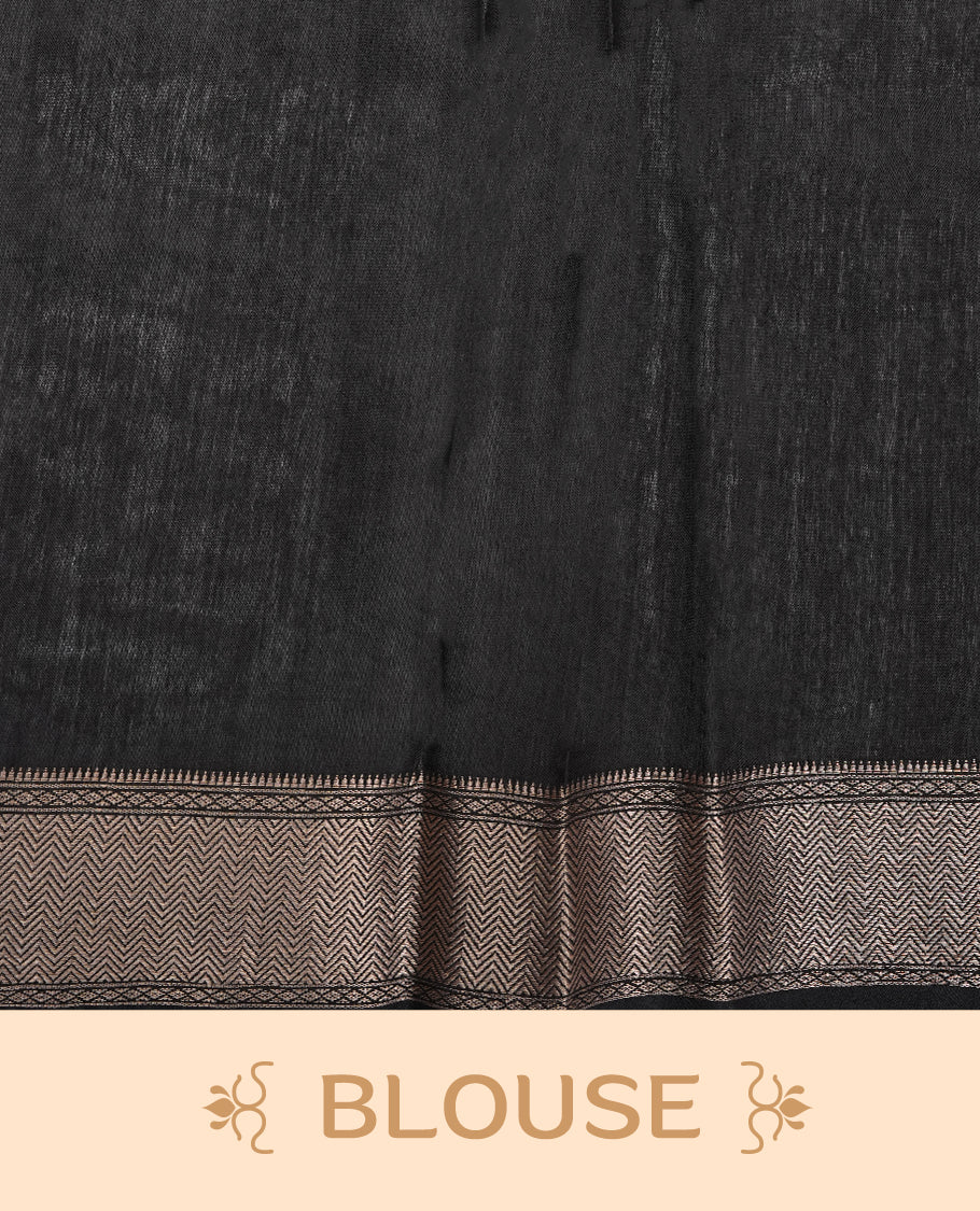 Black colour Viscos semi printed saree featuring a light golden zari border, abstract off white printed motifs on the body, and comes with a matching blouse