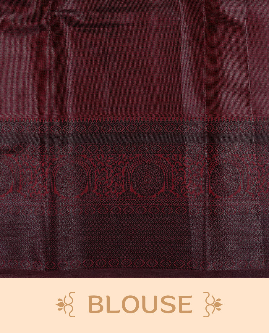 Dark Chocolate brown Tissue silk saree featuring Elgant Plain body, enhance with black traditional zari border, paired with matching blouse piece.