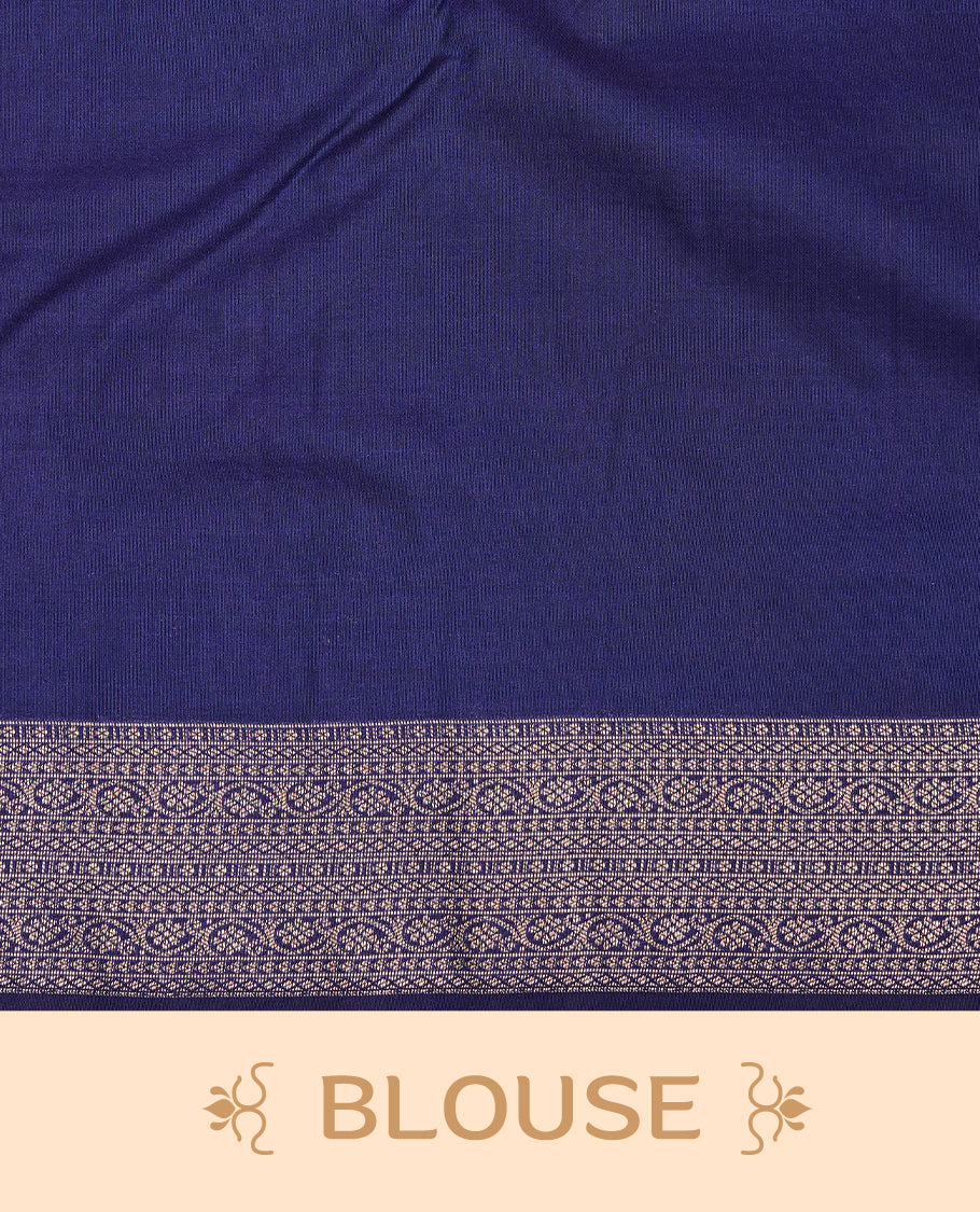 Navy Blue Semi Wedding Silk Saree featuring Gold Zari stripes Motifs On body, Complemented with traditional zari with Self colour border, paired with matching blouse piece.