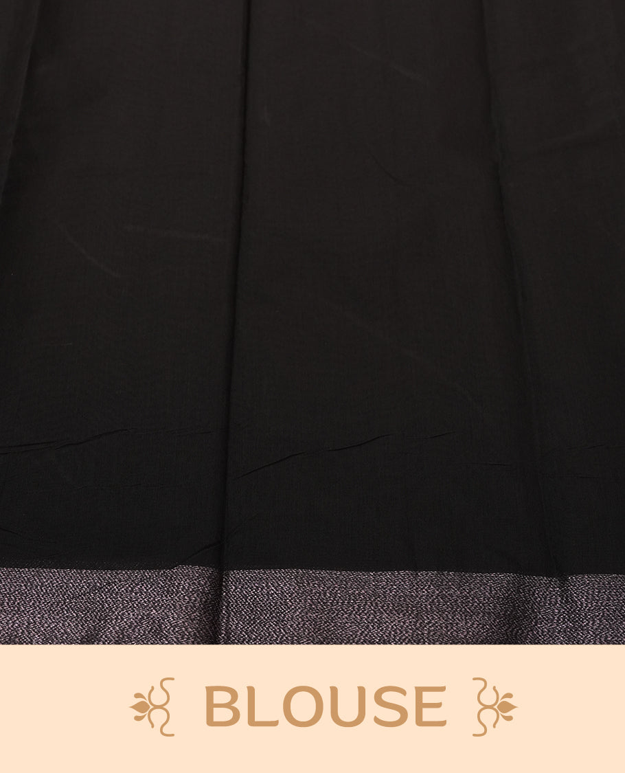 Black Colour Silk Cotton Saree with Rose Gold Floral Butta Body, Rose Gold Zari Pallu & Border, Floral Vine Motifs, and Matching Plain Woven Blouse Piece
