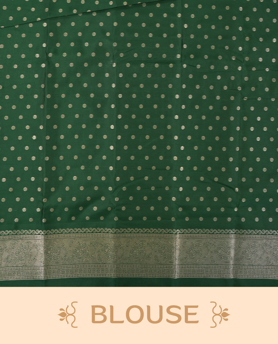 Bottle Green Semi Silk Saree with Silver Zari Floral Woven Pallu and Border, Subtle Zari Butta Motifs on the Body, Tassel Detailing, and Coordinated Blouse Piece