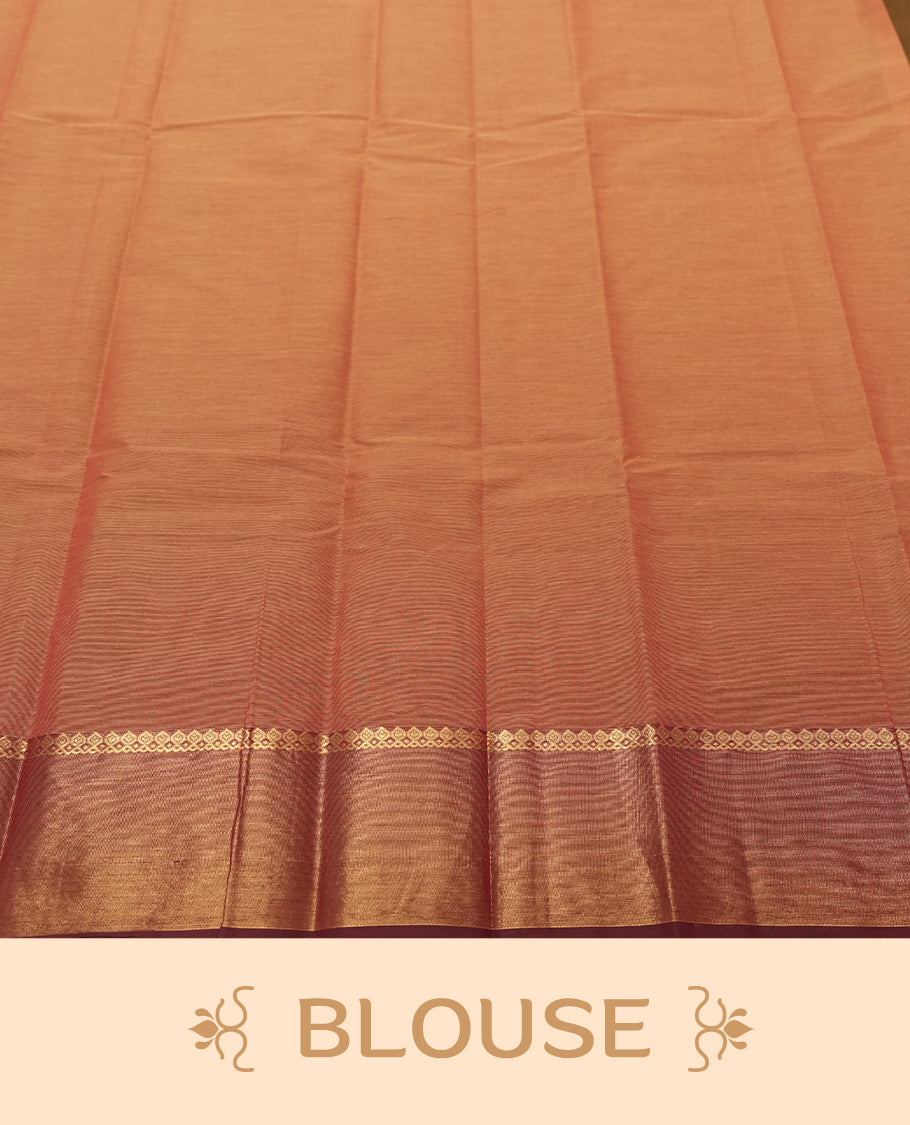 Coral Silk Cotton Saree with Sage Green and Burgundy Butta Body, Accented by Sage Green and Gold Zari Ornamental Border on Burgundy Pallu, Paired with Matching Blouse Piece