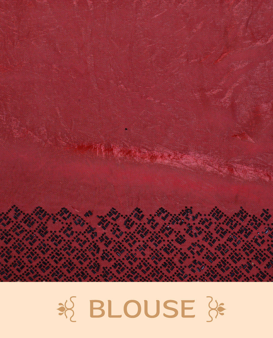 Maroon colour velvet chiffon designer saree, featuring black thread embroidery kodi pattern on body, black cut stone work and heavy stone border, pallu and Paired with matching blouse.