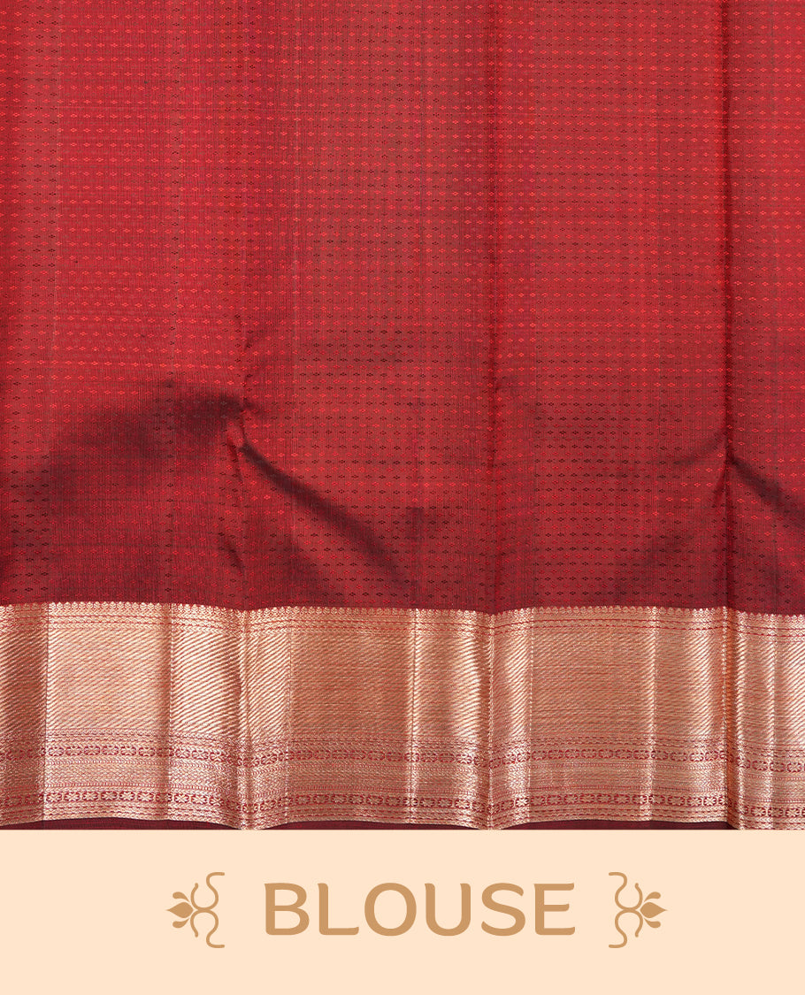 Dark maroon colour Kanchipuram Samudrika Silk Saree featuring poo chakram & bird in square pattern weaving with gold zari jacquard and a traditional zari border, paired with a matching designer jacquard blouse piece
