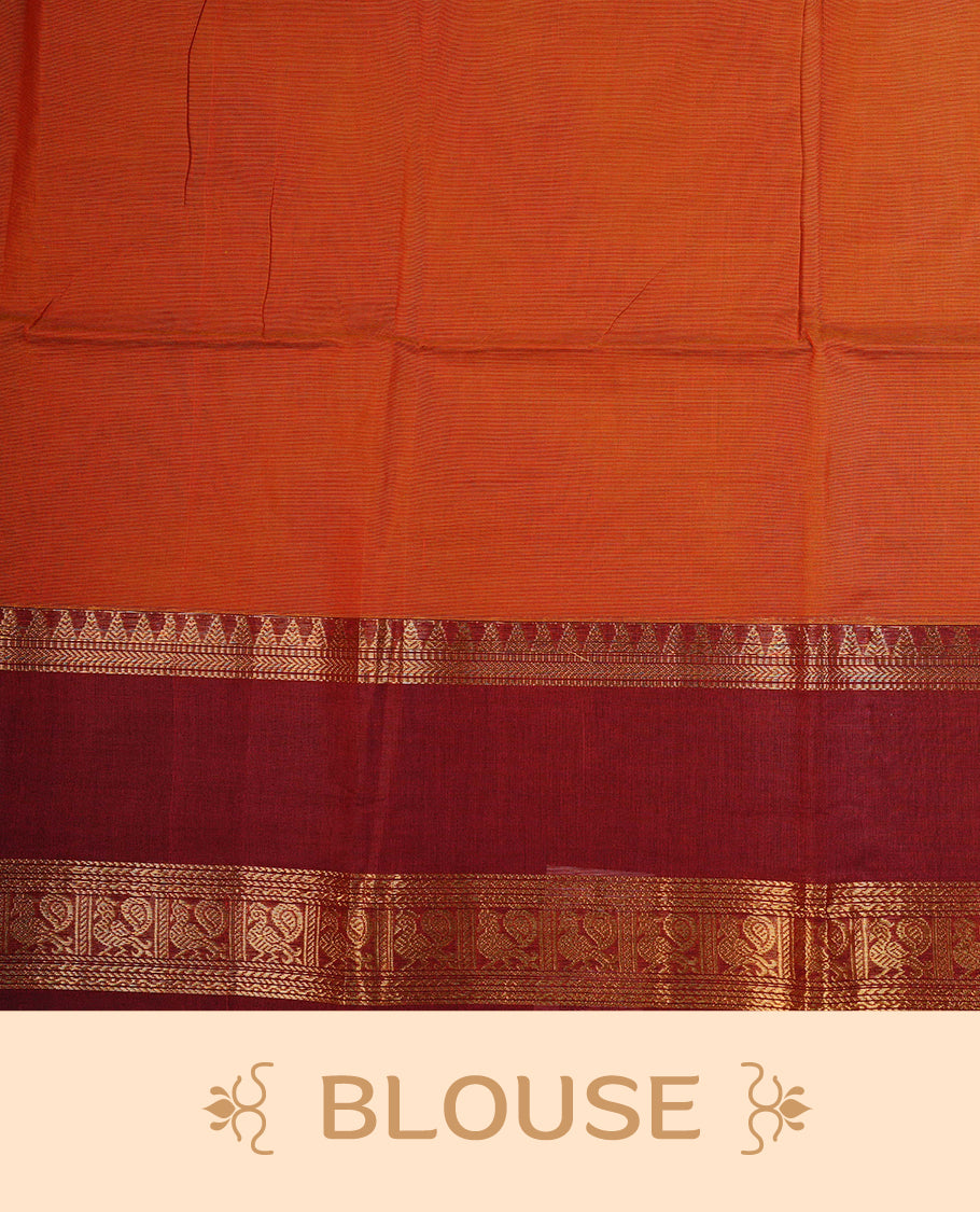 Burnt Orange colour chettinad cotton saree featuring a Plain body, complemented by Contrast Dark Red Colour With Gold Zari border, paired with matching blouse piece.