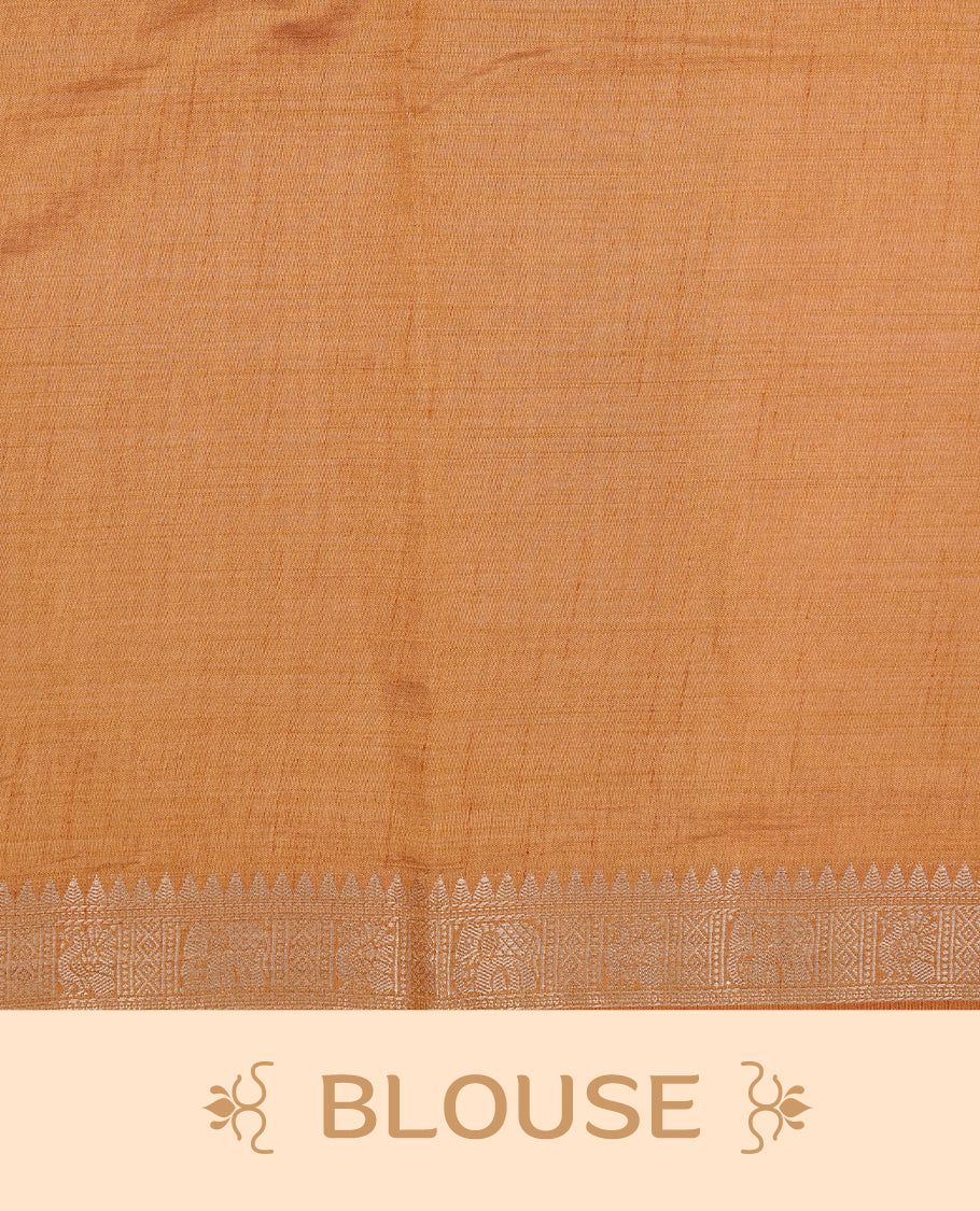 Cream colour Tussar silk saree Featuring Elegant Plain body, complemented by Contrast Mustard colour with gold zari border, paired with matching blouse piece.
