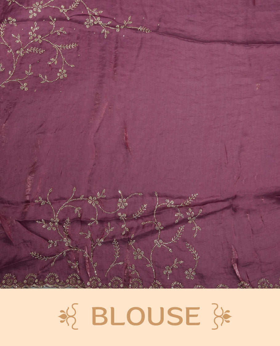 Onion Colour velvet Chiffon Designer Saree featuring Delicate White Stone motifs on Body, with Stone Detailing on the Border and Pallu, paired with a Matching Blouse.