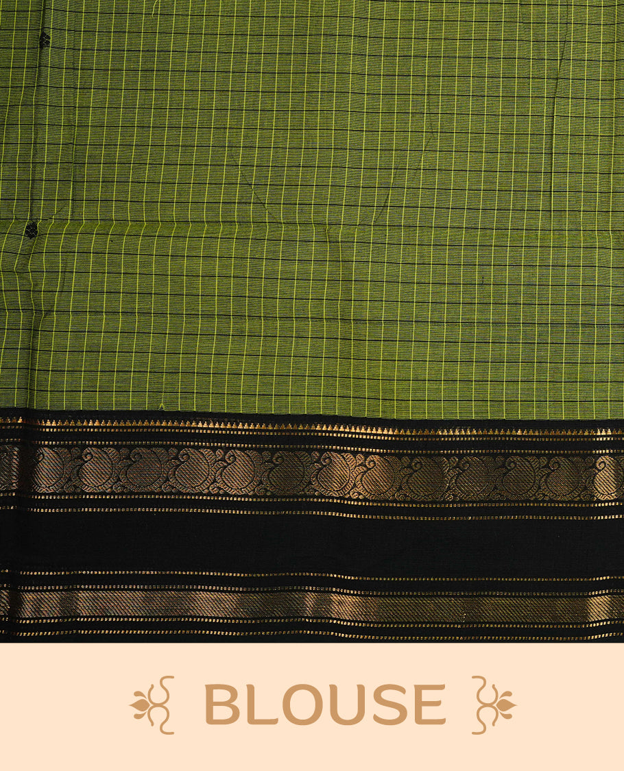 Green colour Chettinad cotton saree featuring Black check pattern on body, complemented by Contrast Black colour With gold zari mango patterned border, paired with matching blouse piece.