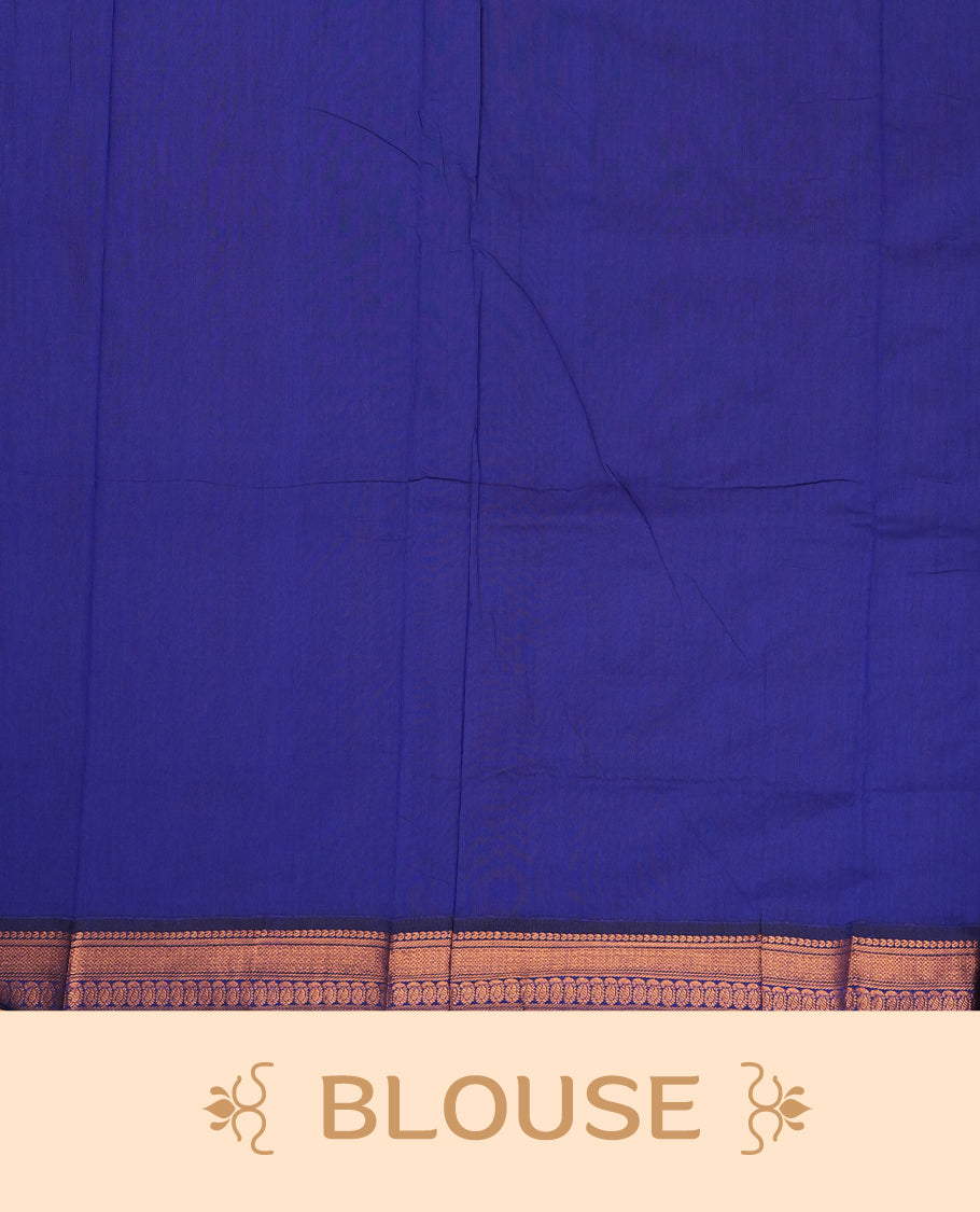 Dark golden yellow and royal blue Kalyani cotton saree featuring delicate zari butta work on the body, highlighted with an elegant contrast zari woven border & Paired with a matching blouse.