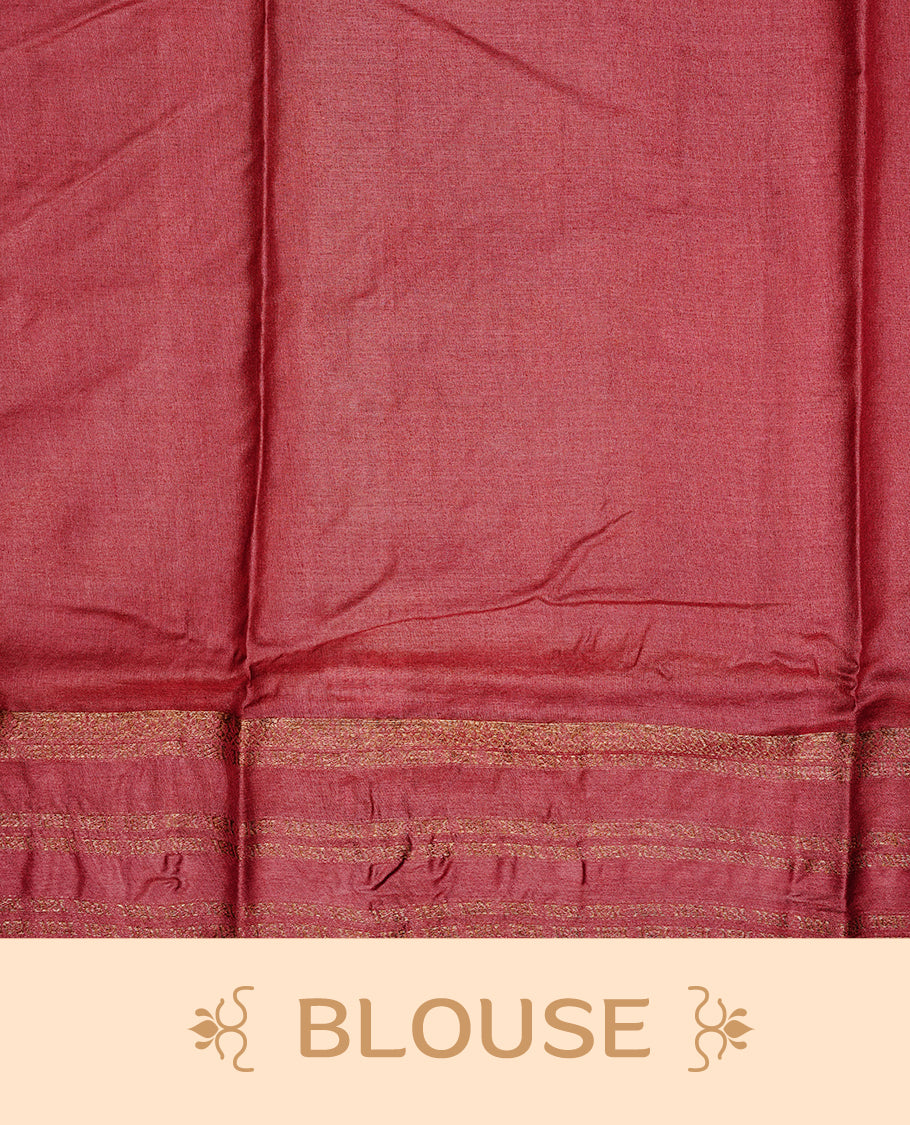 Golden Cream Colour Banaras tussar silk saree featuring Antique zari Motifs on body, Complemented by Maroon colour variant with zari border, paired with matching blouse Piece.