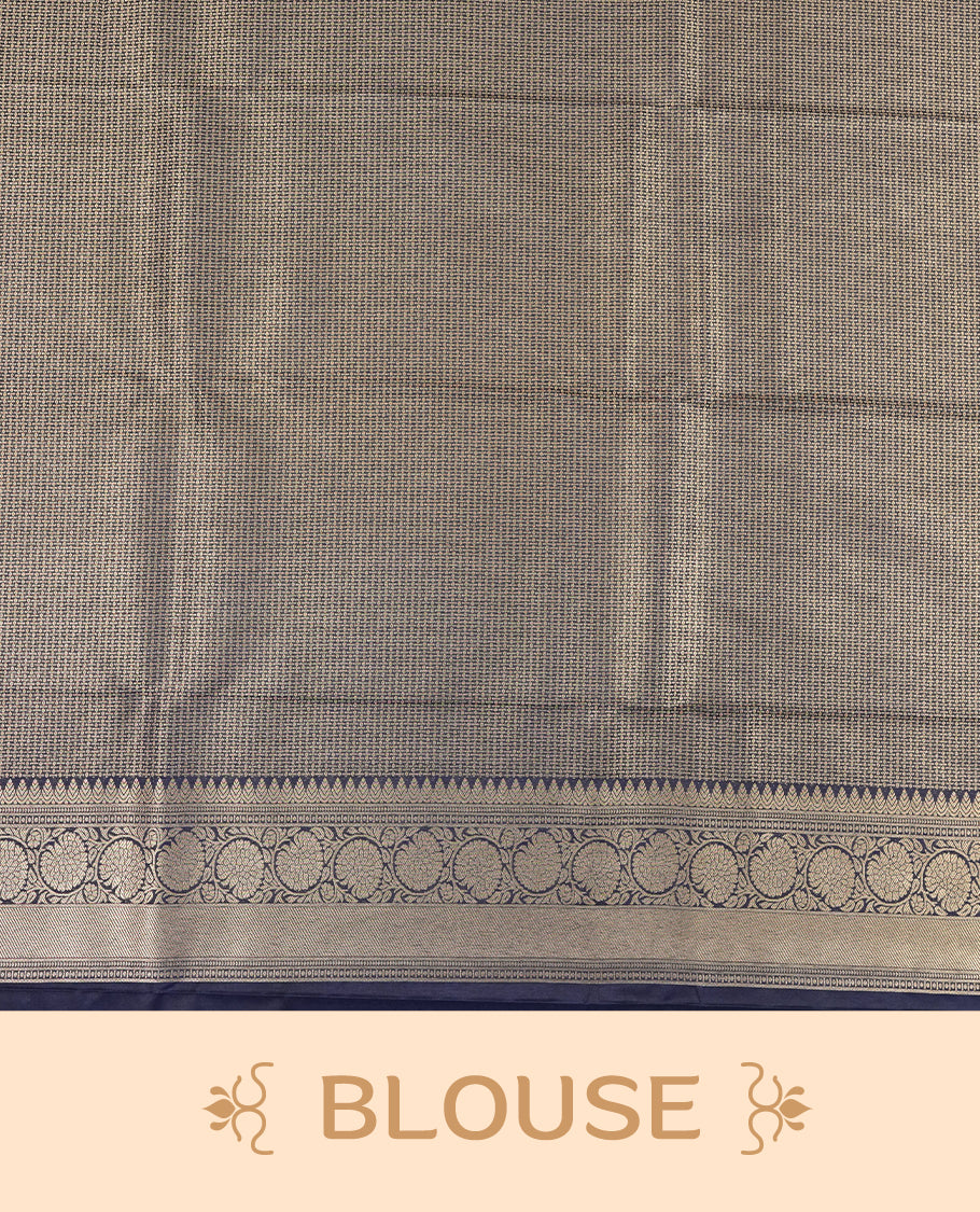 Aqua green colour semi silk brocade saree featuring intricate Gold Floral kodi patterns across the body, complemented by a contract dark blue colour woven border and pallu, paired with a matching blouse.