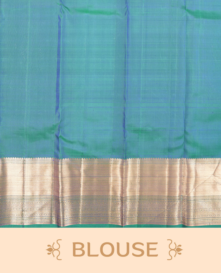 Peacocok colour Kanchipuram Samudrika Silk Saree featuring Floral kodi pattern weaving with rose gold zari jacquard and a traditional zari border, paired with a matching designer jacquard blouse piece