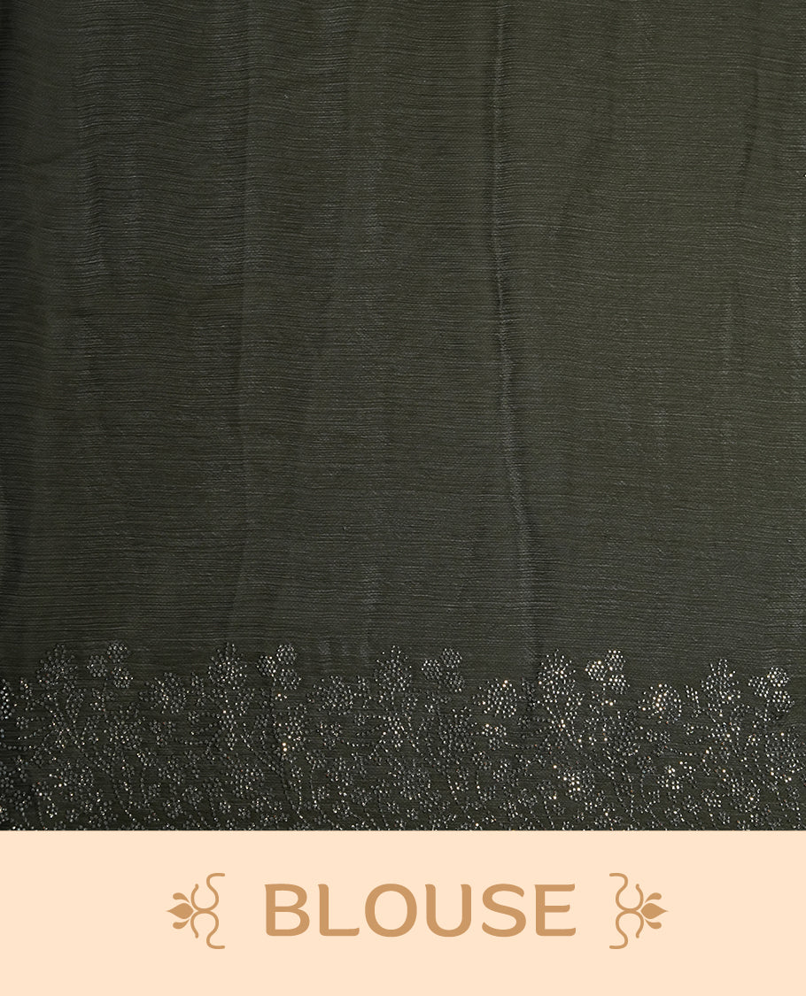 Dark Olive Green Colour Chiffon Designer Saree featuring Delicate White Stone Work All Over the Body, with Stone Detailing on the Border and Pallu, paired with a Matching Blouse.