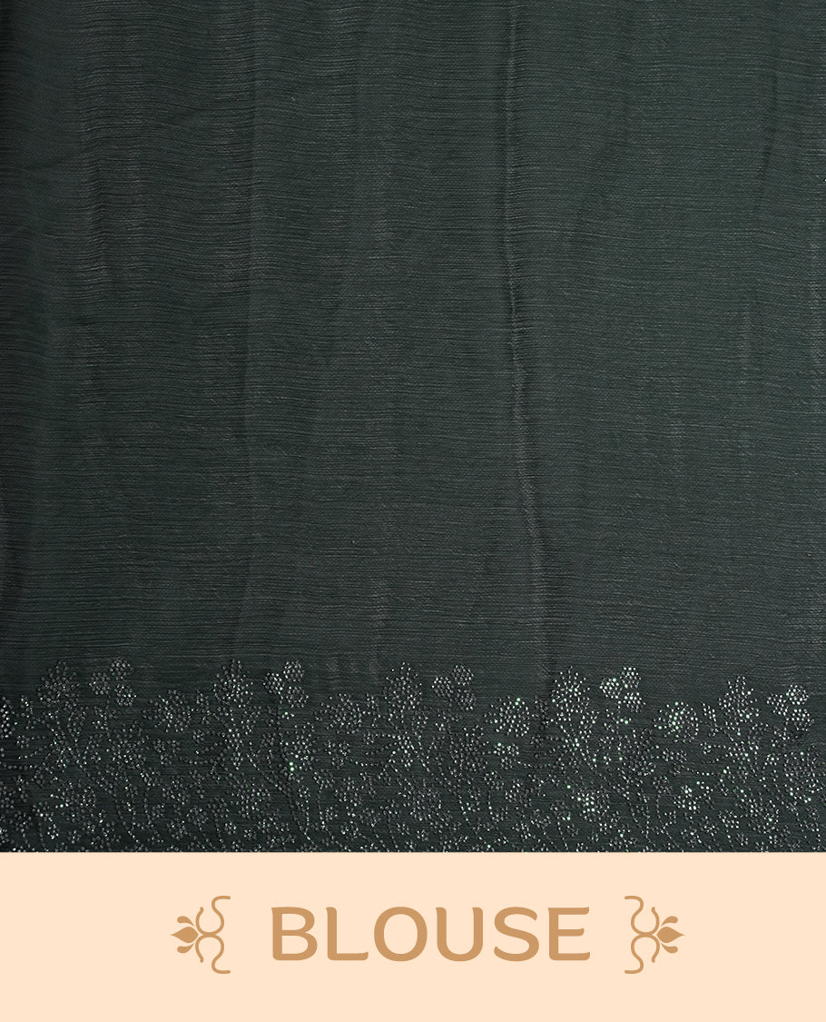 Deep bottle-green chiffon designer saree adorned with delicate white stone work across the body, enhanced with a heavy scalloped stone border and pallu. Paired with a matching stone-detailed blouse.