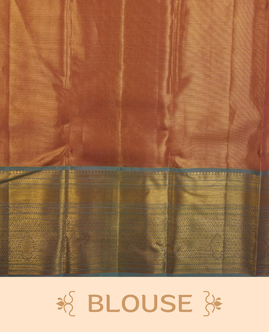 Pink & gold double shade colour kancheepuram tissue silk saree highlighting gold zari pattern body, with contrast powder blue colour colour with traditional border and paired with matching blouse.