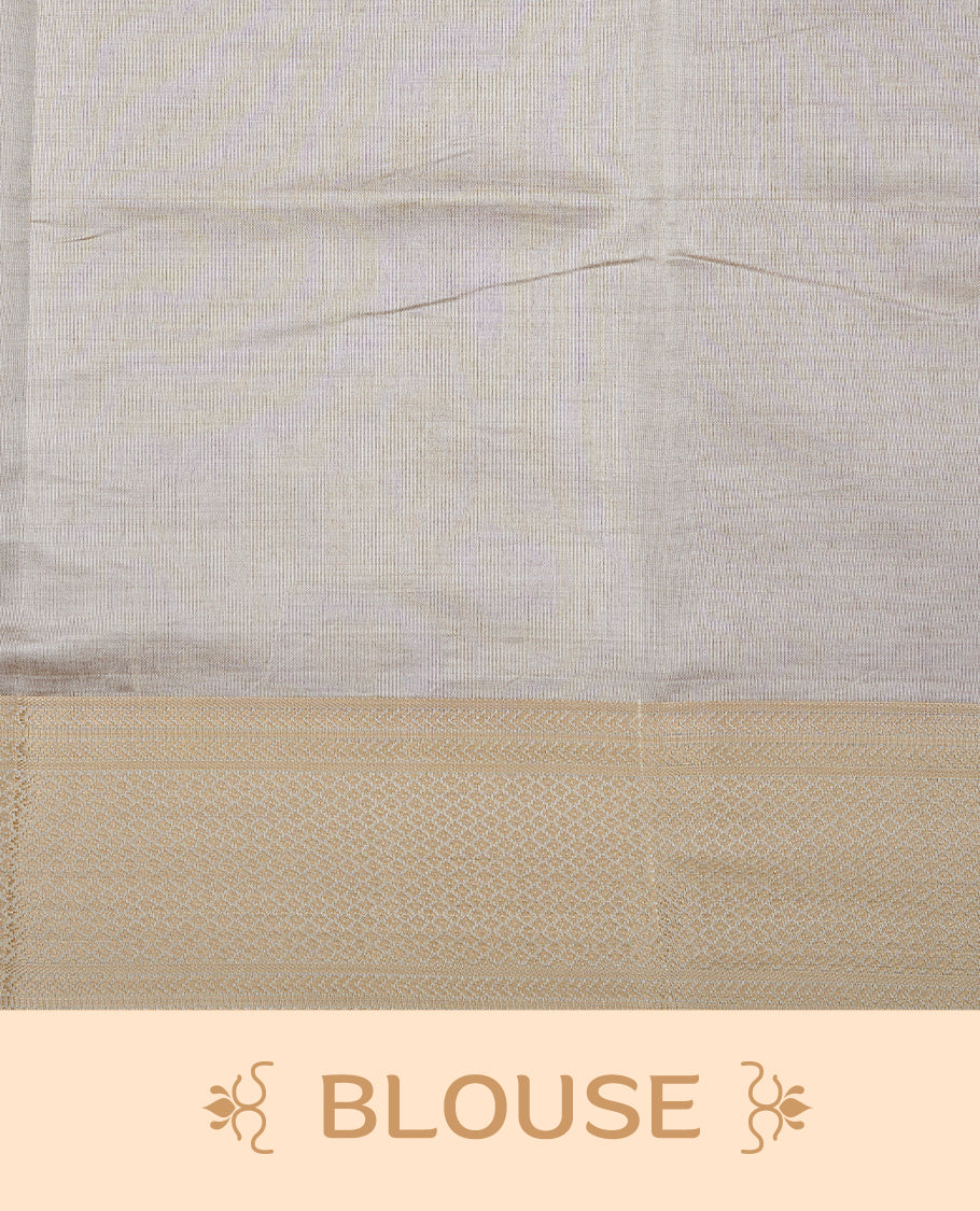 Purple colour Semi Tussar silk saree featuring an elegant plain body, accentuated by a contrast cream border adorned with intricate gold zari work, paired with a matching blouse piece.