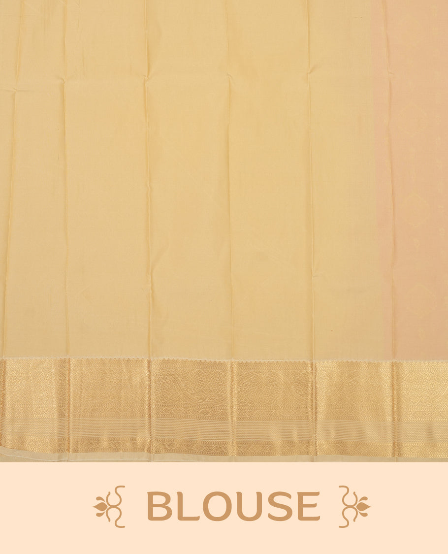 Coral Pink Colour Semi Silk Saree with Golden Diamond Butta Motifs, Self Coloured Golden Zari Pallu & Border, Chevron Patterns, and Matching Blouse Piece