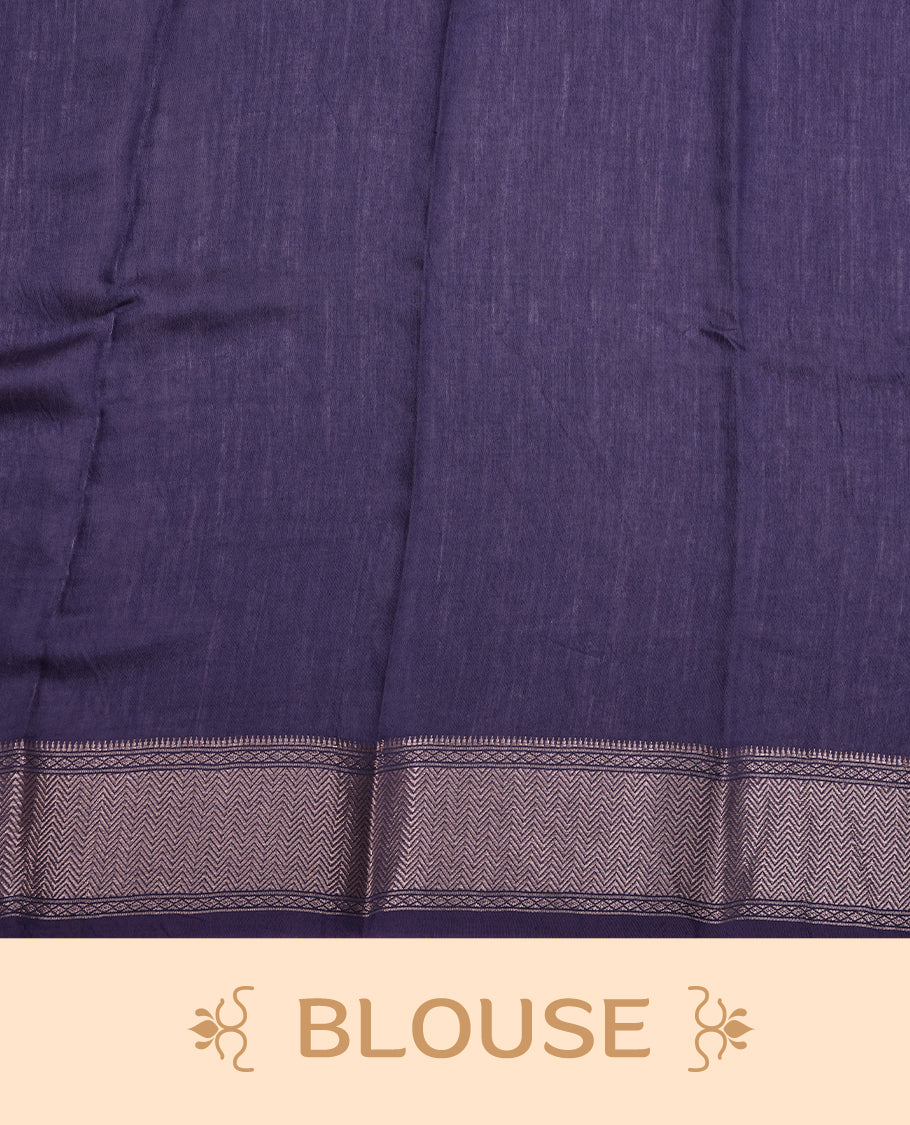 Dark Blue colour Viscos semi printed saree featuring a light golden zari border, abstract off white printed motifs on the body, and comes with a matching blouse