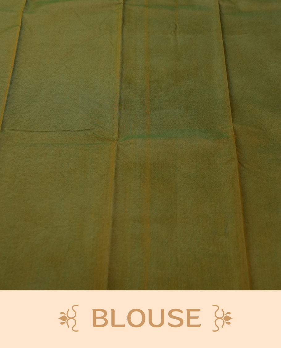Dark green colour silk cotton saree featuring with delicate vertical copper zari lines on the body, Crafted without a border for a classy touch, Comes with a matching blouse for a perfectly coordinated look.