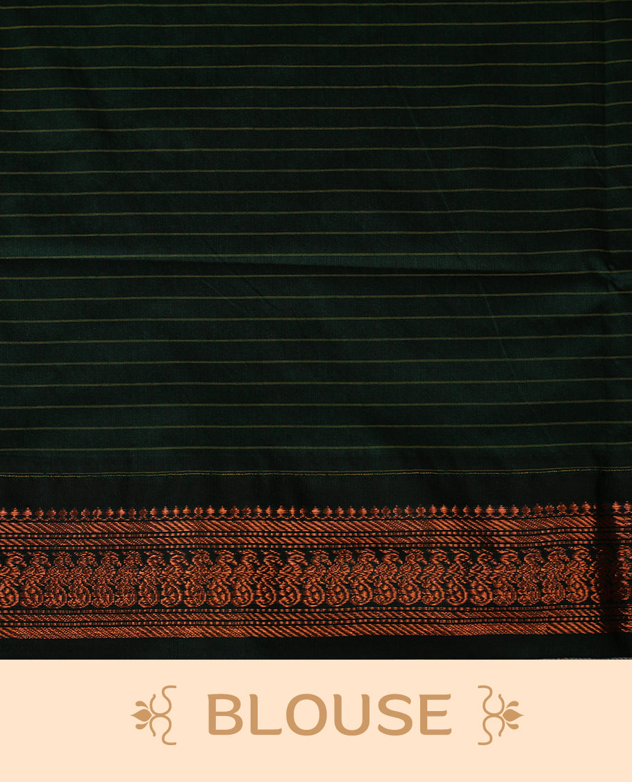 Burnt orange colour kalyani cotton saree featuring Antique zari check pattern on body, contrast Green colour border with antique zari pattern, paired with matching blouse piece.