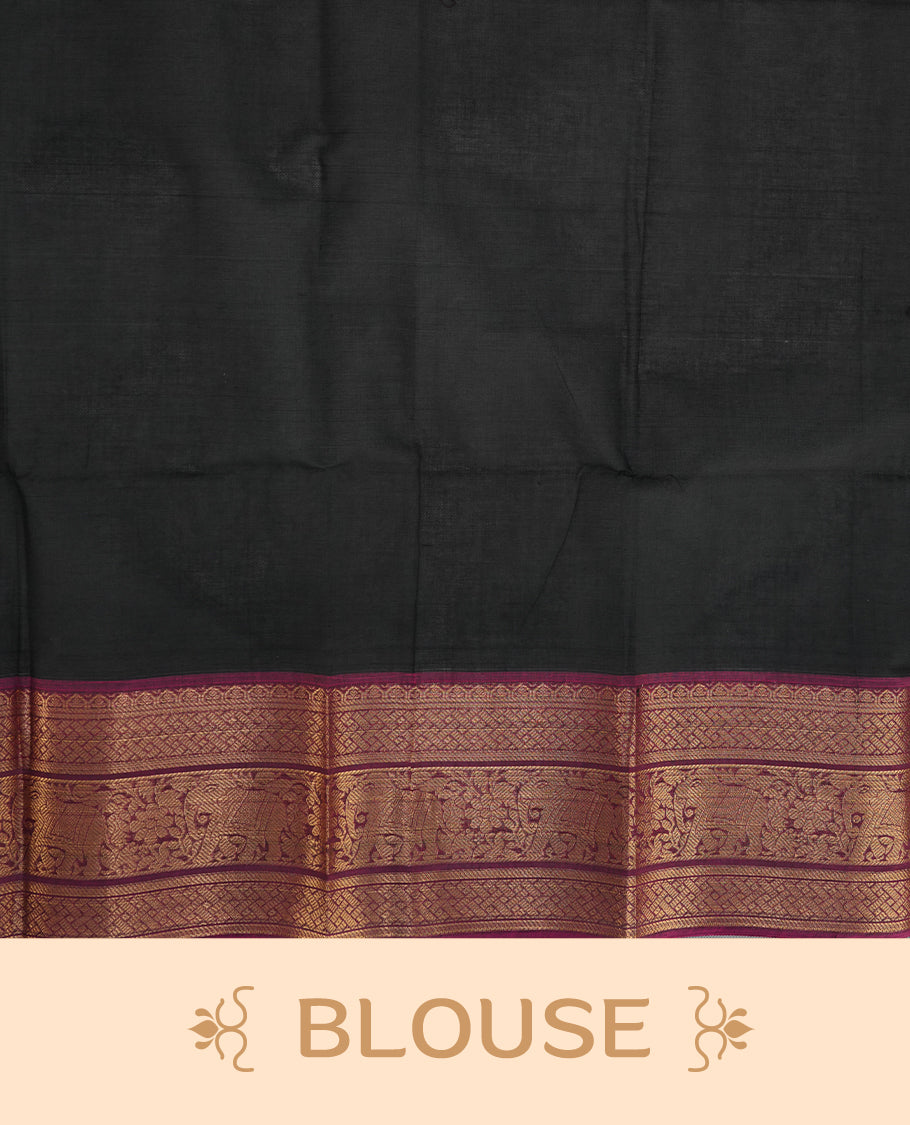 Black colour chettinad saree featuring gold zari stripes on body, complemented by contrast magenta colour with traditional border, paired with matching blouse piece.