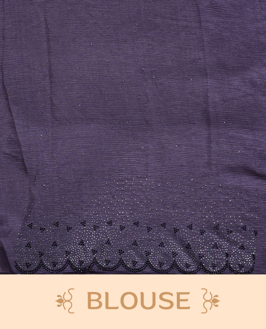 Dark pastel purple colour chiffon designer saree, featuring black and white scattered stone on body, stone work and heavy stone pattern on border and pallu, Paired with matching blouse.