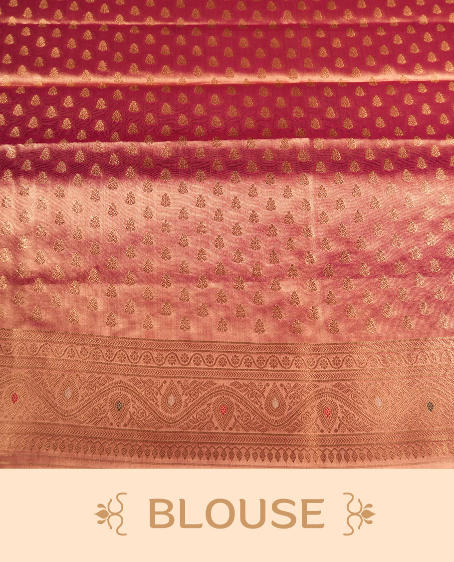 Peach & Gold double shade colour tissue banaras silk saree featuring antique gold zari motifs on the body with rich traditional zari border and pallu, paired with a matching blouse piece.