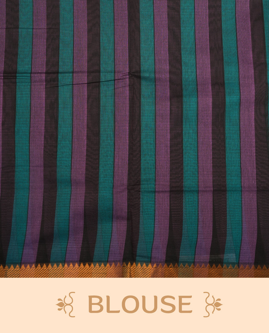 Black Colour Mangalagiri cotton saree Featuring with teal and purple stripes, complemented by an antique zari border & Pallu.Paired with a matching blouse piece