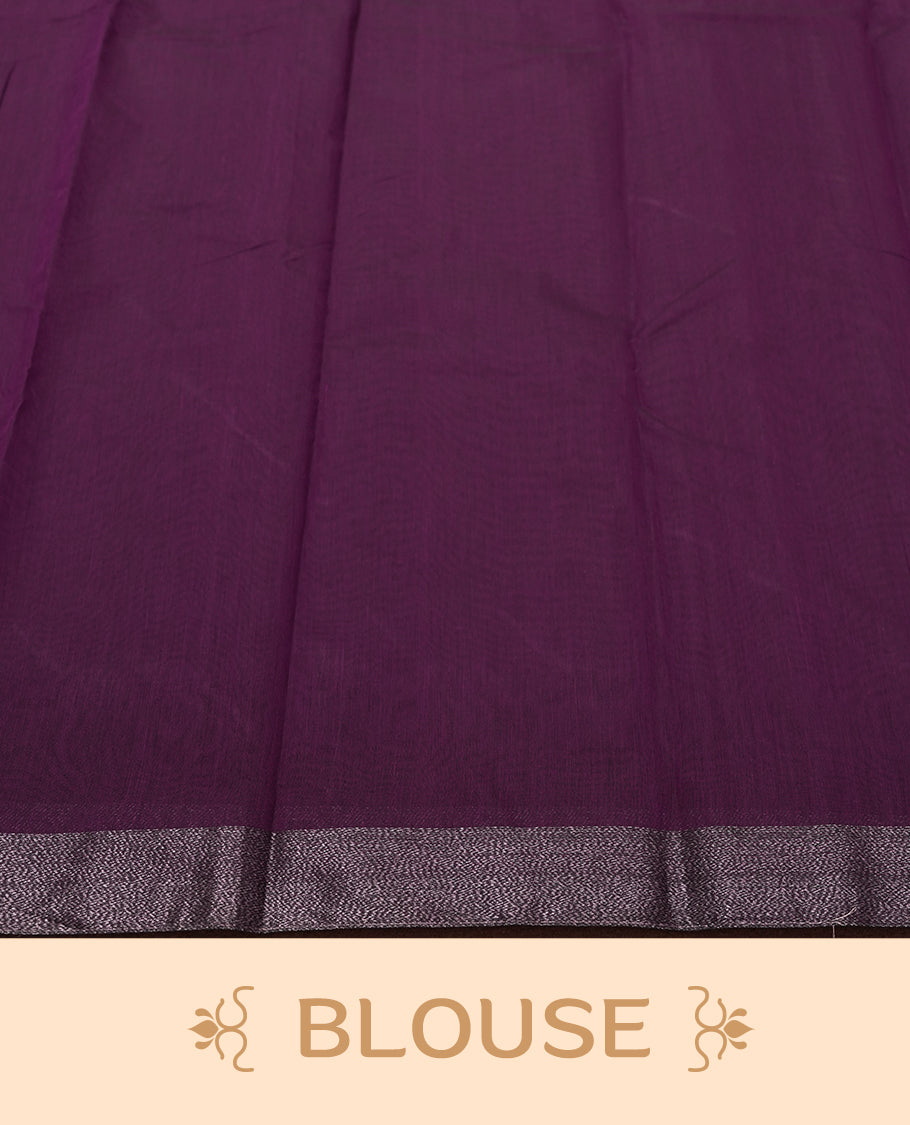 Purple Wine Colour Silk Cotton Saree with Dark Silver Floral Butta Body, Contrasting Silver Zari Pallu & Border, Floral Vine Motifs, and Matching Plain Woven Blouse Piece