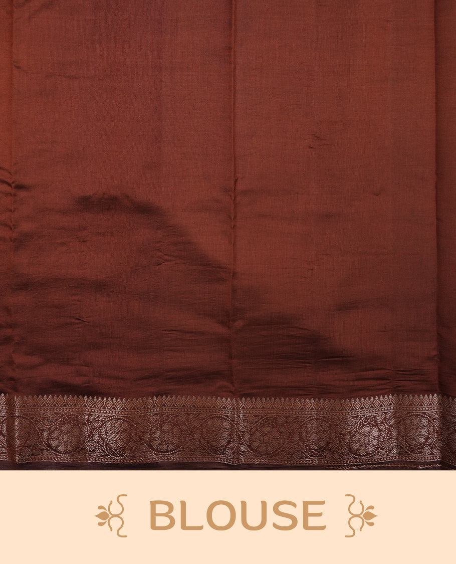 Cream beige Banaras soft silk saree with gold zari oval motifs on body, with contrast Chocolate brown colour floral pattern on pallu, border, and Matching blouse.