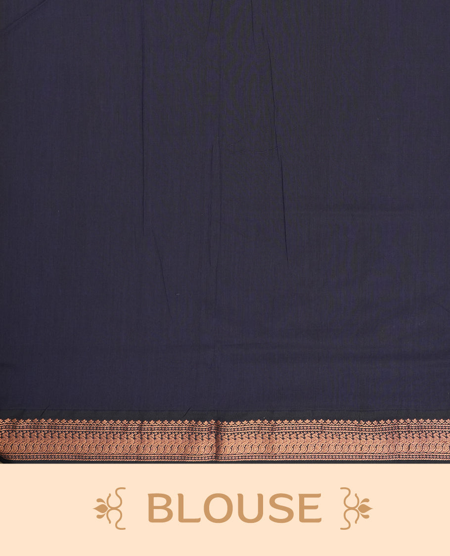 Sky blue colour Kalyani cotton saree with subtle zari motifs all over, paired with a contrasting rich navy blue copper peacock zari woven border and pallu & comes with a matching blouse piece.