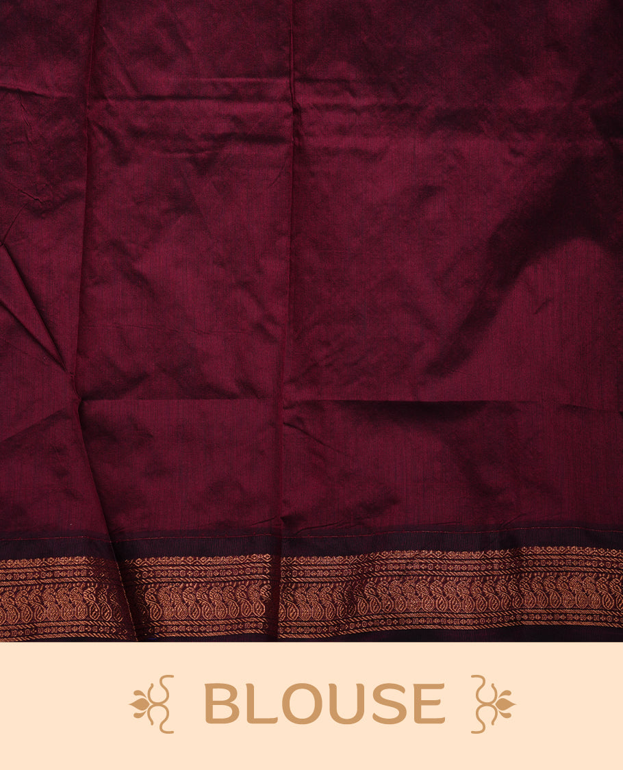 Green colour Kalyani cotton saree featuring a plain elegant body, complemented by a rich maroon zari border and traditional woven pallu, paired with a matching blouse.