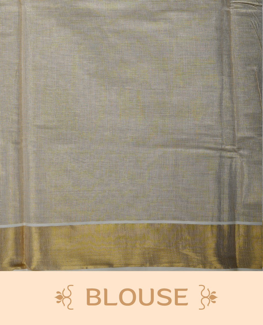 Off white colour Tissue Kerala saree featuring delicate floral border detailing, complemented by a classic golden zari border and traditional pallu, paired with a matching blouse.