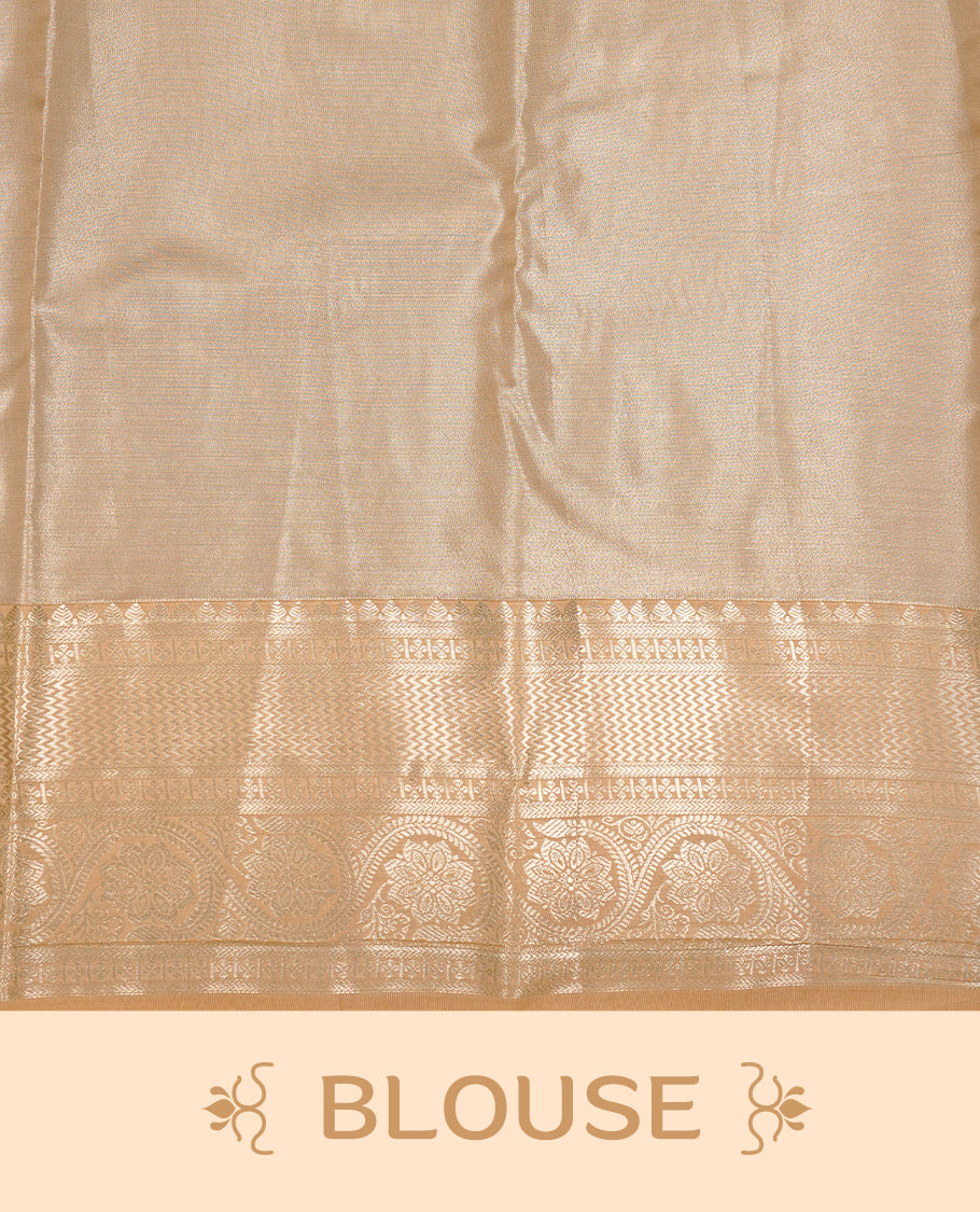 Golden Cream colour Semi Tissue silk saree featuring Gold zari kodi pattern on body, complemented by traditional border with self colour, paired with matching blouse piece.