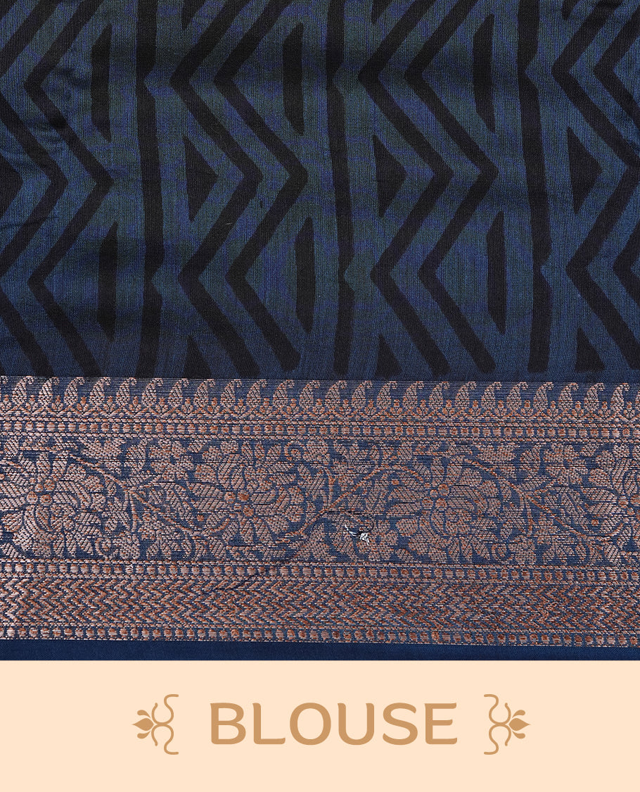 Dark Teal Colour Chanderi Silk Saree Featuring Floral Print On Body, Complemented by Self Colour with Antique Zari Border, Paired With Matching blouse Piece.